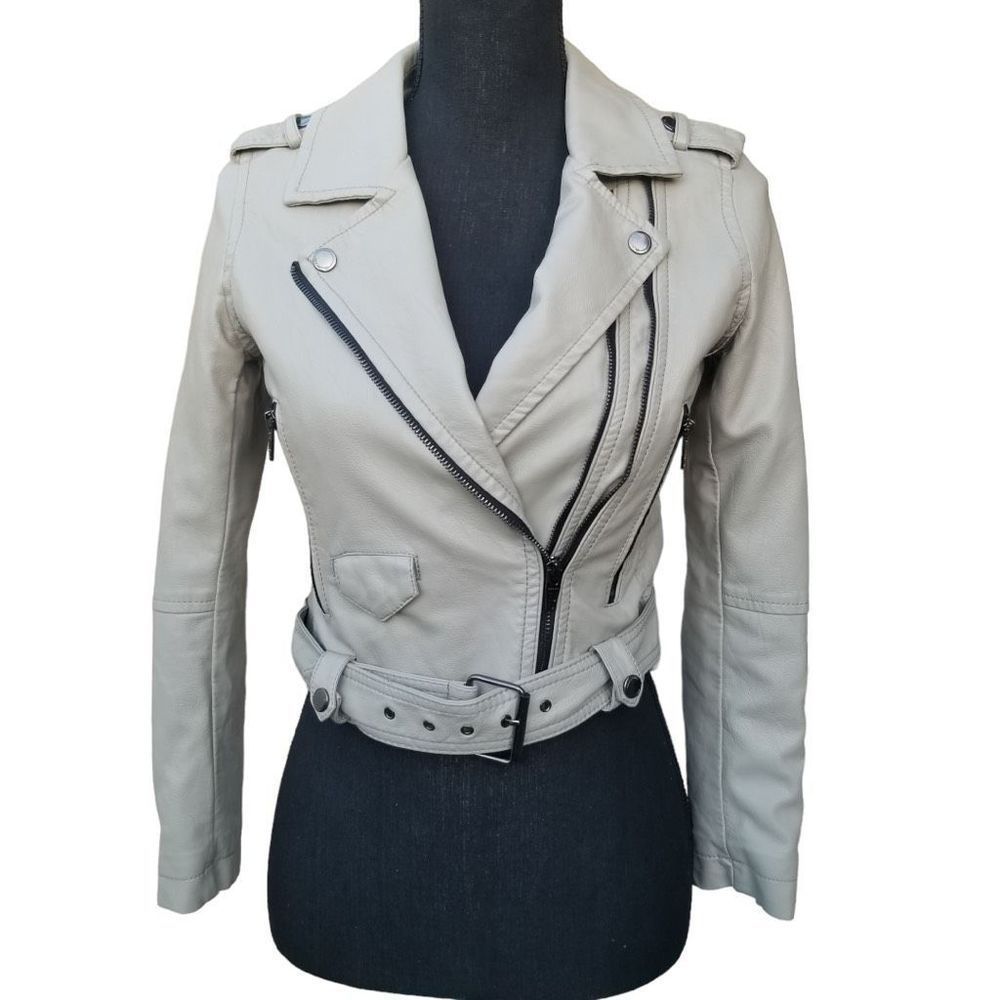 Blank Nyc GIRL’S Gray Full Zip Belted Faux Leather Moto Jacket Size Large
